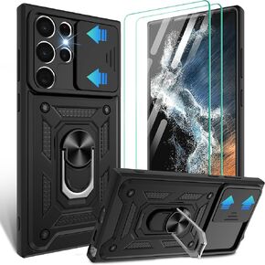 for Samsung Galaxy-S22-Ultra Case with Slide Camera Cover & [HD Screen Protector×2],360°Rotation Ring Kickstand [Military Grade] Case, for S22 Ultra Case,Black