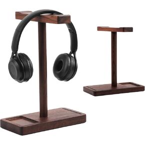 Wooden Headphone Stand, Walnut Wood Headset Stand for Desk with Storage Base, Headset Holder with Anti-Slip Pad for Gaming, Compatible with Airpods Max, Bose, Razer and All Headphones