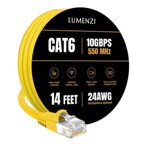 Cat 6 Ethernet Cable 14 FT in Yellow 1 Gbps Speed Network Long Round Rj45 Outdoor Indoor Direct Burial Bare Copper LAN Patch Cable for Router Gaming PS5 Xbox Printer Computer CCTV Switch
