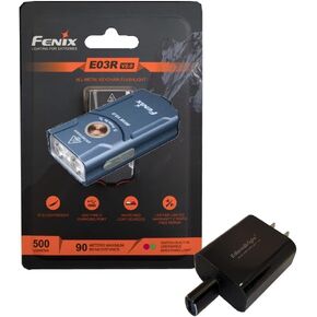 EdisonBright Fenix E03R V2 500 Lumen USB Rechargeable LED Keychain Flashlight, Charging Adapter Bundle (Blue)