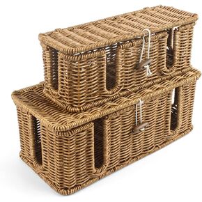 Cable Management Box, 2Pcs Handwoven Imitation Rattan Cord Hider Organizer Box with Lid, 4 Open Slots Cable Organizer Box for Tv Computer USB Hub to Hide Power Strips & Cords (L/M)