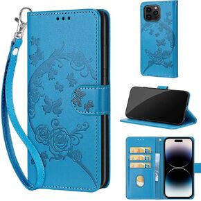 Designed for iPhone 15 Pro Case Wallet,Women Flip Folio Cover with Embossed PU Leather Stand Credit Card Holders Slots Wrist Strap Phone Case for iPhone 15 Pro 6.1 Inch (Gray Flower)