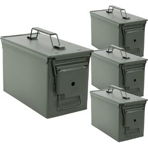 Ammo Storage Box 4 Pack - Green .50 Caliber Ammunition Flip Top Lockable Storage Box - Waterproof Metal Military Ammo Can Container - Airtight Latching Dry Bullet Case Steel Field Box