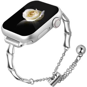 Watch Bangle for Women - Compatible with Apple Watch Band 38mm 40mm 41mm 42mm iWatch SE/10/9/8/7/6/5/4/3/2/1, Slim Chain Stainless Steel Design with Bamboo Joint for a Chic Look