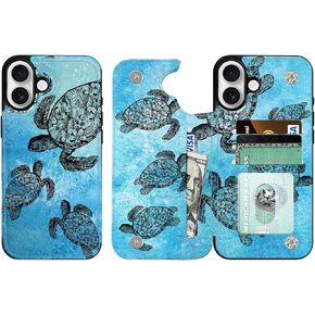 Fashionable Flip PU Leather Wallet Case with Card Holder, Kickstand Card Slots Case Compatible with Apple iPhone 16 6.1 inch 2024 - Ocean Sea Turtles