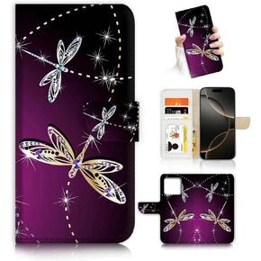 for iPhone 16 Pro Max Art Designed Flip Wallet Style Cover Case Fancy Flower Full Body Protection AD003 (#24887 Dragonfly)