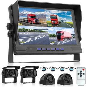 Wired Backup Camera System 1080P, Hodozzy 9 Inch 4 Split Screen Monitor System, Waterproof 4 Reverse Cameras Night Vision Reversing Camera Kit for Car Truck/Trailer/Bus Truck/RV, DVR Loop Recording