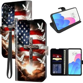 FUYOCWE for Galaxy A14 5g Case Wallet for Samsung Galaxy A14 5G Phone Case with Card Holder,PU Leather Folding Kickstand Magnetic Snap Flip Cover Case w/Wrist Strap-American Flag with Cross Dove