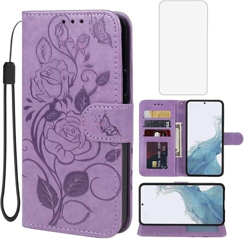 Case for Galaxy S23 Case, Samsung S23 SM-S911U Wallet Case with Tempered Glass Screen Protector, Flower Leather Flip Credit Card Holder Stand Phone Cover Cases for Samsung Galaxy S23 Purple in Kuwait