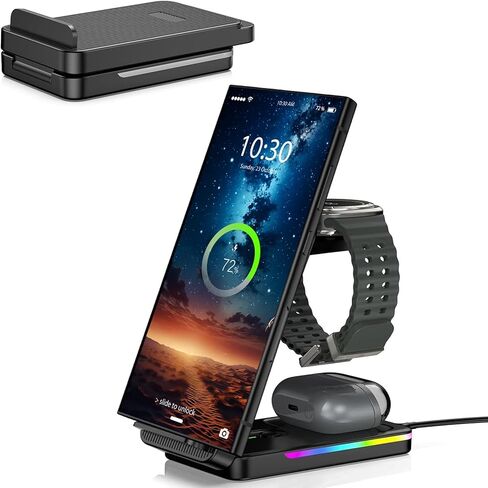 Wireless Charging Station for Samsung Galaxy S25 Ultra, Charger for Samsung Watch 7 Ultra, 3 in 1 Foldable Wireless Charger for Galaxy S24/S23/S22/Note 20/Galaxy Watch 6/5/4/Buds (for Travel) in Saudi Arabia