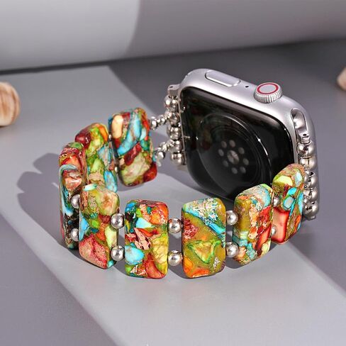 Natural Stone boho Loop Compatible with Apple Watch 38/40/41/42/44/45/49mm Women,Western Handmade Elastic Beaded Bracelet Strap for iwatch Series 9/8/7/6/SE/Ultra in Saudi Arabia