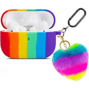 Cute Case for AirPods Pro,Rainbow Soft Silicone Airpod Pro 2019/Airpods 3 Gen Case Cover with Colorful Fur Ball Keychain for Girls & Women