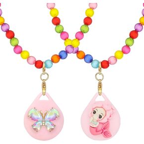2 Pack Cute Airtag Holder for Kids Girls,Kawaii Butterfly and Mermaid Beaded Necklace Silicone Case for Apple Airtag