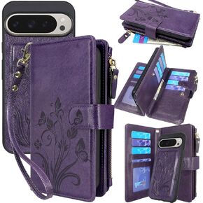 Lacass Case Wallet for Google Pixel 9/9 Pro 2024, [12 Card Slots] ID Credit Cash Holder Zipper Pocket Detachable Leather Wallet Cover with Wrist Strap Lanyard（Floral Dark Purple）