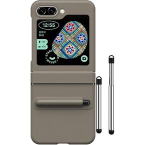 for Samsung Galaxy Z Flip 5 Case with Pen & Hinge Protection, Soft Leather Touch Protective Cover, Anti-Scratch Non-Slip Shockproof Case for Z Flip 5 2023, Etoupe Grey