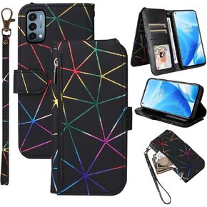 Wallet Case for OnePlus Nord N200 5G with Wrist Strap, 9+ Card Slots PU Leather Flip Purse, Card Holder Geometric Phone Cover for One Plus N 200 G5 1 Plus 200N 1plus One+ 1+ N2005G 2021 Black