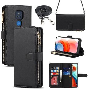 iCoverCase for Motorola Moto G Play 2021 Wallet Case with Card Holder, Kickstand Feature PU Leather Case with Adjustable Crossbody Lanyard Magnetic Clasp Zipper Pocket Flip Cover (Black)