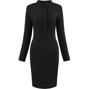 Women's Bowtie Neck Sheath Dresses Long Sleeve Knee Length Work Pencil Dress