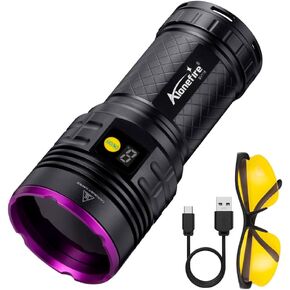 ALONEFIRE SV118 365nm UV Flashlight 80W Powerful Black Light Digital Display USB Rechargeable Black Light for Pet Urine Detector, Scorpion, Resin, Bed Bug, Fishing with UV Protective Glasses, Battery