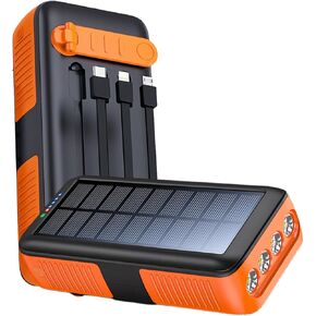 Solar Power Bank Portable Charger 63200mAh Battery Pack, Hand Crank Charger Dual Outputs Inputs 4 LED Flashlight, Fast Charging with Built in Cables Power for Phone Camping Emergency Travel (Orange)