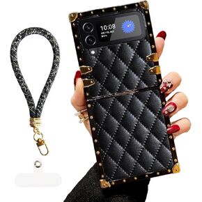 for Samsung Z Flip 3 Case, Z Flip 3 case for Women, Edge Case Cute Luxury Premium Soft PU Leather Shockproof Cover with Wrist Strap for Samsung Galaxy Z Flip 3 (2021)(Black Leather)