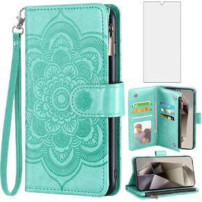 Asuwish Phone Case for Samsung Galaxy S24 Ultra 5G Wallet Cover with Tempered Glass Screen Protector and Flower Flip Credit Card Holder Stand Cell Accessories S24Ultra 24S S 24 24Ultra Women Men Green