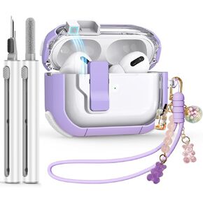 Clear Case for AirPods Pro 2nd/1st Generation Case with Cleaner Kit, Secure Lock Case for Apple Airpod Pro 2&1 Gen Case Cover with Silicone Wrist Strap Cute Candy Keychain for Women,Purple