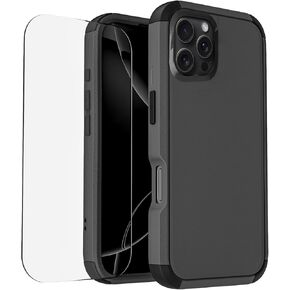 Compatible with iPhone 16 Pro Max Phone Case with Tempered Glass Screen Protector - 3 in 1 Shockproof Shock-Resistant Drop Protection Non-Slip Protective Case for iPhone 16 Pro Max 6.9" (Black)
