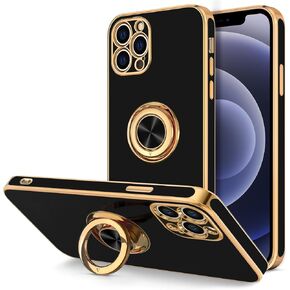 Hython Case for iPhone 12 Pro Case with Ring Stand [360° Rotatable Ring Holder Magnetic Kickstand] Luxury Plating Rose Gold Soft TPU Bumper Shockproof Protective Phone Cases Cover Women Girls, Black