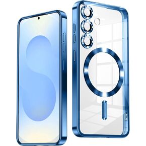 for Samsung Galaxy S25 Case, Compatible with MagSafe, Built-in Camera Lens Protector, Shockproof Protective Phone Case, Slim Soft Electroplated Clear Phone Cover, Sapphire Blue