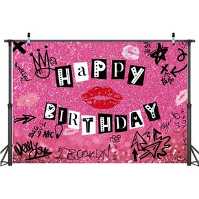 7x5ft Red Lip Happy Birthday Backdrop Pink Girl Teen Girls Theme Party Supplies Banner Rose Pink Glitter Photography Background for Mean Girls 2000s Birthday Party Decorations