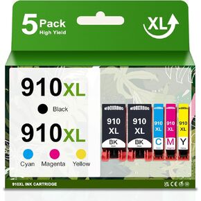 910XL Ink Cartridge (5-Pack, 2Black/1Cyan/1Magenta/1Yellow) Compatible for 910 Ink Cartridges Combo Pack Replacement for OfficeJet Pro 8025e 8015e 8022e 8028e 8035e 8025 8035 Printer