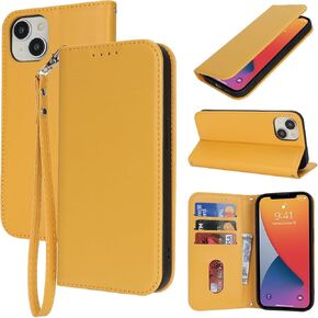 for iPhone 13 iPhone 14 Wallet Case for Women,for iPhone 13 Case with Card Holder and Wrist Strap,Leather Shockproof Magnetic Kickstand Flip Phone Case-Yellow
