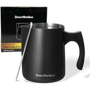 Milk Frothing Pitcher, 20oz/600ml Espresso Steaming Pitcher, Milk Frother Cup with Latte Art Pen, Stainless Steel Cappuccino Coffee Machine Accessories Barista Tools, Black