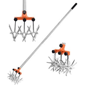 Rotary Cultivator Garden Rotary Tiller Adjustable Stainless Steel Poles Hand Tiller for Soil Mixing or Reseeding Grass Lawn Tiller Total Length 57 Inch.
