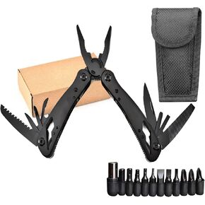 Multitool with Stainless Steel Pliers - Mini Folding Tool for Outdoor Camping, Survival, Portable and Multi-Purpose Use, Vehicle-Mounted Emergency Equipment with Wrench - Black