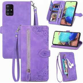 Compatible with Samsung Galaxy A71 4G Wallet Case with Wrist Strap Lanyard and Leather Flip Card Holder Stand Cell Accessories Folio Purse Credit ID Phone Cover for A 71 71A S71 A715F Purple