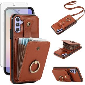Asuwish Phone Case for Samsung Galaxy A15 5G/4G Wallet Cell Cover with Screen Protector and Crossbody Strap Ring Stand RFID Credit Slot ID Card Holder Kickstand Leather A 15 15A Women Girls Brown
