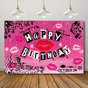 Red Lip Happy Birthday Backdrop for Mean Girls Theme Hot Pink Graffiti Teen Girls Sweet Y2K Birthday Party Background Burn Book Early 2000s Bday Decorations Banner 71X47inch