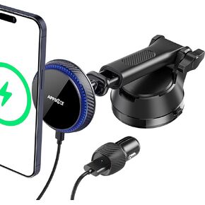 APPS2Car 15W Magnetic Wireless Car Charger, Dashboard/Windshield/Vent Car Phone Mount for iPhone 16/15/14/13/12 Series, Compatible with MagSafe and Cases