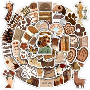 50 Pcs Brown Cute Water Bottle Stickers for Kids, Vintage Aesthetic Bohemian Laptop Decals, Teens Adults Waterproof Vinyl Scrapbook Luggage Phone Case Guitar