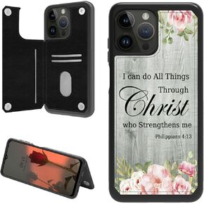 Rossy for iPhone 15 Pro Max Phone Case 6.7 inch Wallet Case with Card Holder PU Leather Kickstand Bible Verse Philippians 4-13 Pattern Design Magnetic Clasp Cover Case for iPhone 15 Pro Max 2023