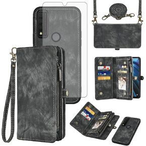 Asuwish Phone Case for TCL 30XE/30V/4X/20AX/20A/20R/Bremen 5G Zipper Wallet Cell Cover with Tempered Glass Screen Protector Strap Flip Card Holder TLC T601DL 30 XE XE5G V 20 AX R A 6.67 Women Black
