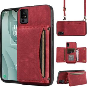Phone Case For TCL 40 XL/40T 2023 Wallet Cover with Crossbody Shoulder Strap, PU Leather Credit Card Holder Pocket Slim Stand Cell Phone Flip Purse TCL40XL 40XL 5G T608M T608DL Girls Women Red