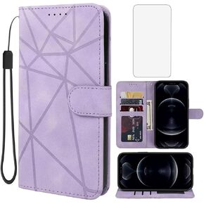 Case for iPhone 12/iPhone 12 Pro Wallet Case with Tempered Glass Screen Protector, Skin Feel PU Leather Flip Folio Credit Card Holder Stand Phone Cover for iPhone 12 Purple