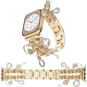 Stylish Metal Wristband Compatible with Apple Watch Band 38mm 40mm 41mm,Cuban Chain Bing Band Key Love Smile Pendants Cute Strap for iWatch Series 9 8 7 6 5 4 3 2 1 SE Charms for Women(38/40/41MM,Key Glitter Gold)