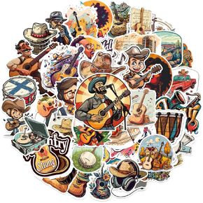 50pcs Country Music Stickers Bulk: Vintage Aesthetic Stickers Waterproof Vinyl Stickers for Laptop Luggage Cup Computer Mobile Phone Skateboard Guitar Décor Music Gifts for Music Party Favors Supplies