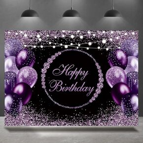 Purple and Black Birthday Backdrop for Women Girls Ring Dimonds Glitter Balloons Photography Background Photoshoot Happy Birthday Party Decorations Cake Table Banner 7x5ft Photo Booth Props