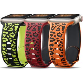 3 Pack Leopard Engraved Bands Compatible with Apple Watch in 38MM 40MM 41MM 42MM 44MM 45MM 49MM for Women Men, Soft Waterproof And Oodorless Silicone Bands for iWatch Bands Series 9-1 Ultra SE