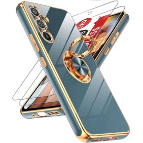 LeYi for Samsung Galaxy A54 5G Case with Tempered Glass Screen Protector [2 Pack] 360° Rotatable Ring Holder Magnetic Kickstand, Plating Rose Gold Edge Protective Case, Grey